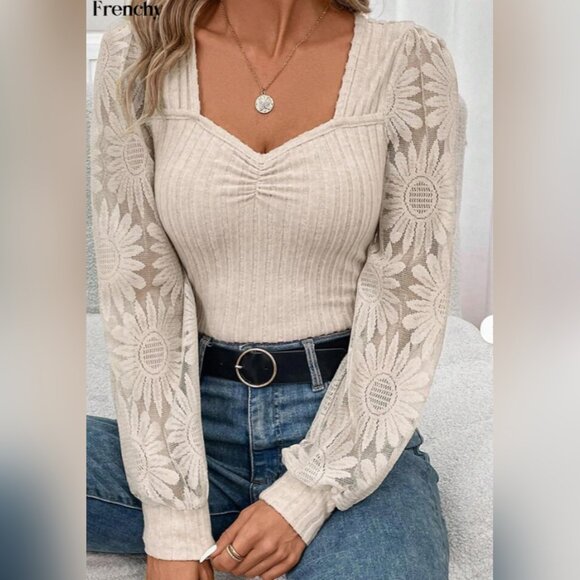Sweaters - Beige Long Sleeve Blouse with Lace Details